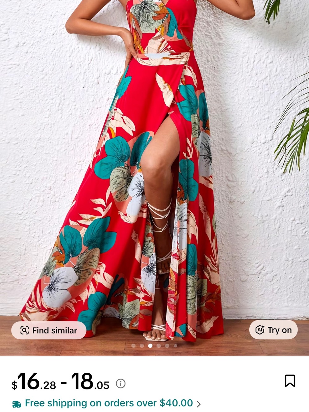 Red Floral Maxi Skirt with Front Slit